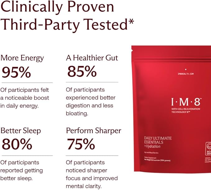 IM8 Daily Ultimate Essentials All-in-1 Multivitamin Supplement, 92 Nutrient Rich Ingredients CoQ10, Probiotics, Vitamins, Greens, GF, Acai Mixed Berry (30 Servings, Refill Pouch)