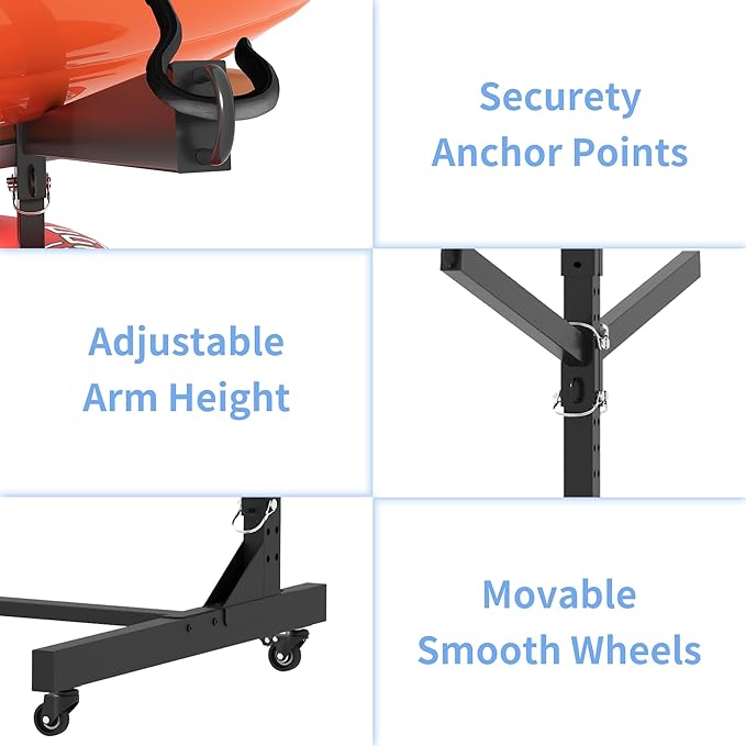 Kayak Storage Rack, Heavy Duty Kayak Stand Canoe Rack with Wheels, Freestanding Kayak Holder Stand for Kayaks, Canoes, Surfboard, Paddleboard Storage