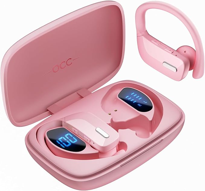 Wireless Sport Earbuds Bluetooth Headphones with Mic 80H Playtime IPX5 Waterproof Ear Buds Deep Bass Earphones Over Ear Headset for Running Gym Workout - Pink