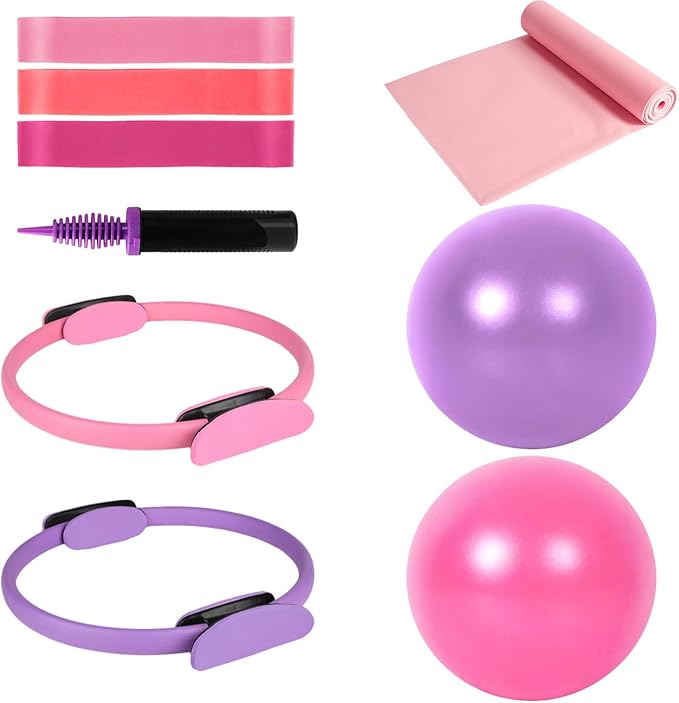 Pilates Ring and Ball Set, Includes 2 Pilates Circles, 2 Balance Balls with Pump, 3 Resistance Bands, and 1 Exercise Band, Home Pilates Equipment for Women, Versatile Fitness Kit
