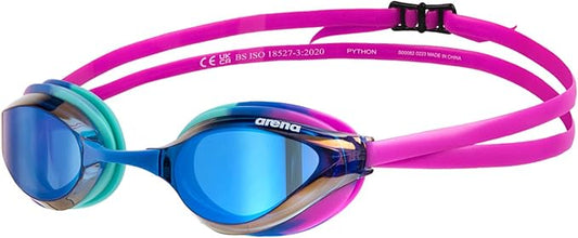 ARENA Unisex Python Racing Swim Goggles for Men and Women Anti-Fog No Leak Max Comfort Dual Strap, Mirror/Non-Mirror Lens
