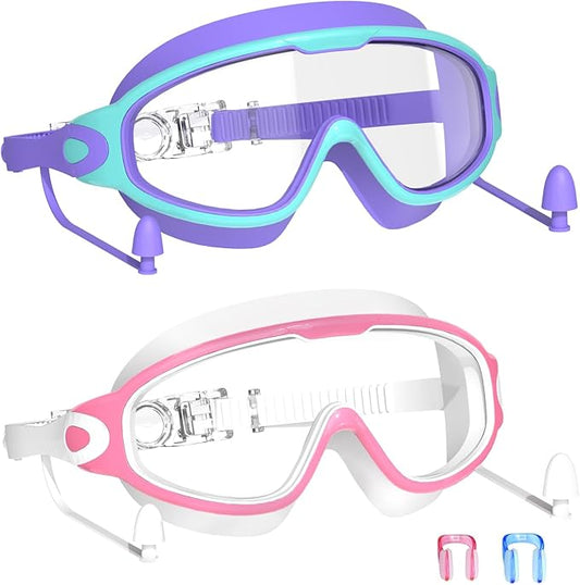 Swim Goggles for Kids 3-15 with Earplugs Large Frame Anti-Fog/UV Swimming Goggles for Boys Girls Toddler 2PCS