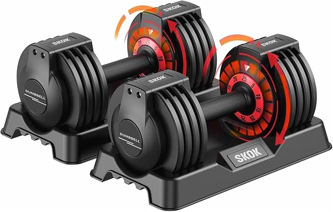 SKOK 25/55 lbs Pair Adjustable Dumbbells Set, Adjustable Weights Dumbbells Set for Men and Women with Anti-Slip Fast Adjust Weight by Turning Handle,Black Dumbbell with Tray