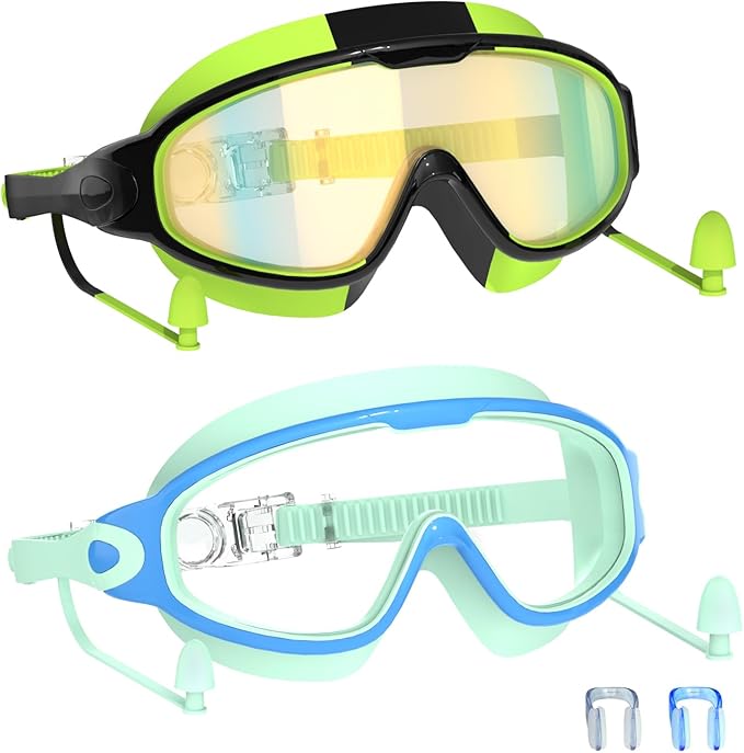 Swim Goggles for Kids 3-15 with Earplugs Large Frame Anti-Fog/UV Swimming Goggles for Boys Girls Toddler 2PCS