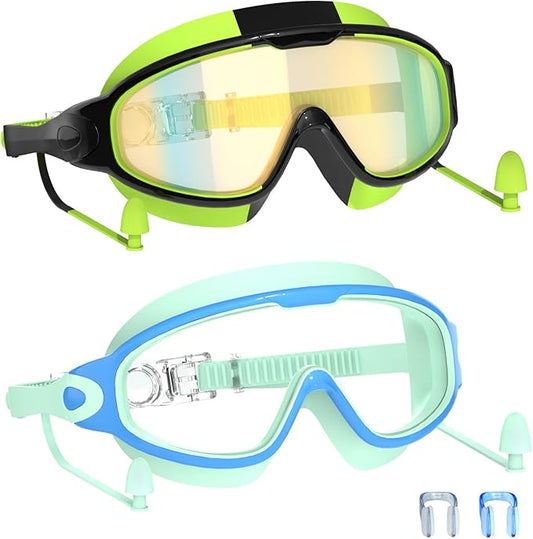 Swim Goggles for Kids 3-15 with Earplugs Large Frame Anti-Fog/UV Swimming Goggles for Boys Girls Toddler 2PCS