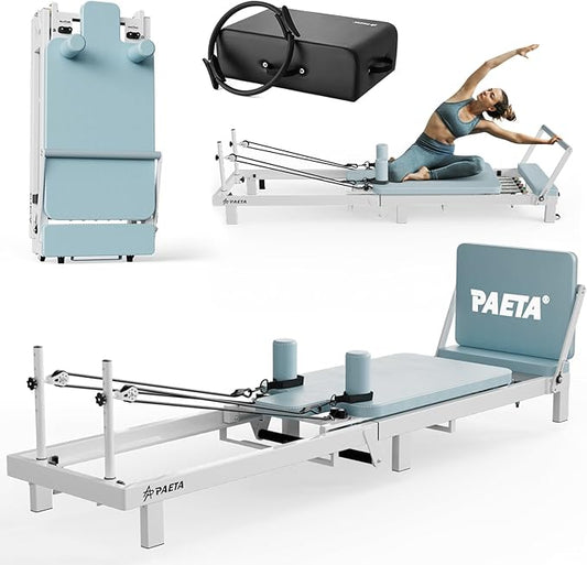 PAETA Pilates Reformer, Foldable Reformer Pilates Machine with Music Wire Springs, Pilates Equipment for Home Workouts with Jump Board, Up to 400 LBS