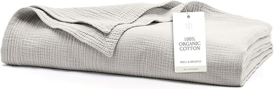 BOLL & BRANCH Dream Bed Blanket - King/Cal King, Mist - Luxury 100% Organic Cotton - Soft, Lightweight and Breathable - Cloud-Like Touch