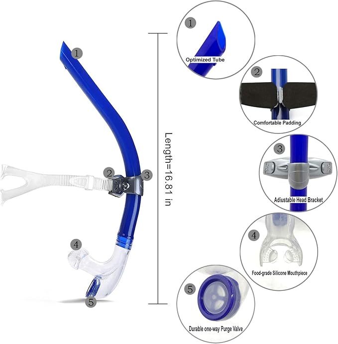 Panzexin Swim Snorkel, One-Way Purge Valve Swimmers Snorkel for Lap Swimming Training Snorkeling, Front Mounted Training Gear with Comfortable Silicone Mouthpiece