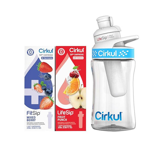 Cirkul 12oz. BPA-Free Plastic Water Bottle Starter Kit for Kids with Blue Lid, 2 Flavor Cartridges (1 LifeSip Fruit Punch, 1 FitSip Mixed Berry), No Sugar, Zero Calorie Drink Mix