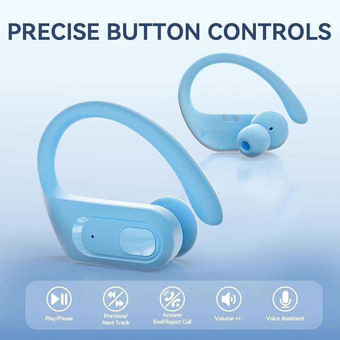 occiam Wireless Earbuds Bluetooth Headphones Ear Buds 96Hrs Playback Sport Over-Ear Waterproof Wireless Headphones Earphones with Earhooks ENC Mics Clear Call for Sport Running Workout Sky Blue