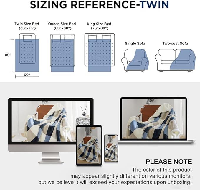 PU MEI Sherpa Fleece Throw Blanket 60" x 80" Reversible Plush Fluffy Large Big Blanket Lattice Flannel Blankets for Sofa Couch Bed (Grey-Soft Blue, 60"*80")