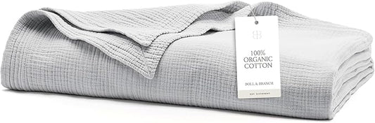 BOLL & BRANCH Dream Bed Blanket - Full/Queen, Sky - Luxury 100% Organic Cotton - Soft, Lightweight and Breathable - Cloud-Like Touch