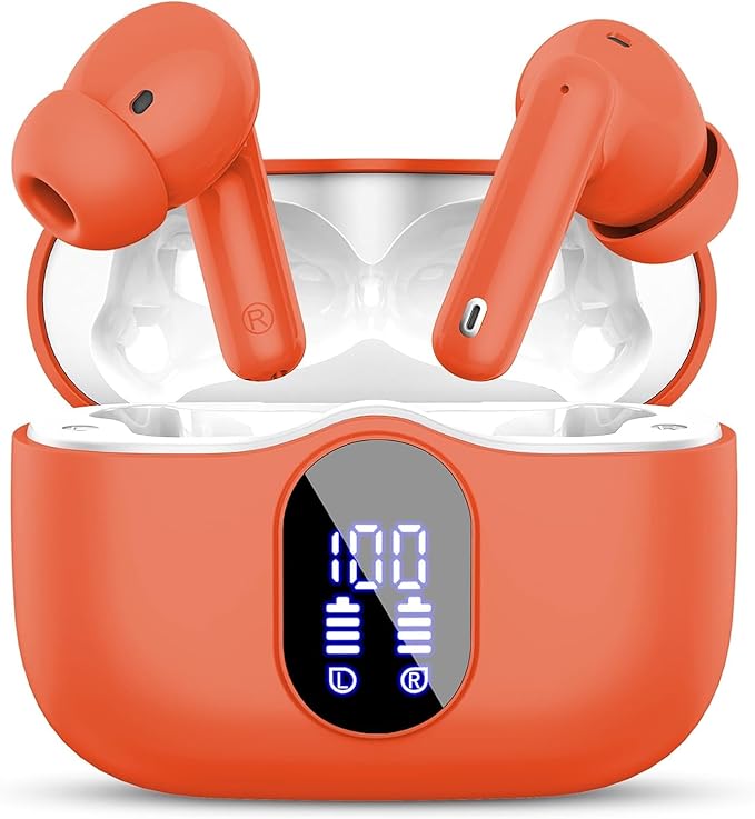 Wireless Earbuds, Bluetooth 5.4 Headphones Bass Stereo, Ear Buds with Noise Cancelling Mic, IP7 Waterproof in Ear Earphones, 36H LED Display Bluetooth Earbuds for Laptop Pad Phones Sports, Orange