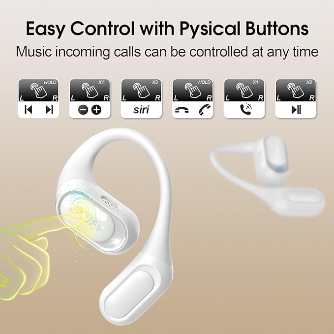Open Ear Headphones, Bluetooth 5.4 Headphones Sports, Premium Sound with HD Mic Wireless Earbuds, 48H Playtime LED Power Display Ear Buds, IPX7 Lightweight Comfort Earphones for Running, White