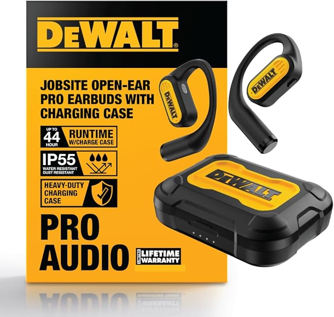 DEWALT Heavy Duty Open Ear Headphones, Bluetooth 5.3 Wireless Earbuds with 44Hrs Runtime, Jobsite Premium Sound True Wireless Air Conduction Open Ear Earbuds with Earhooks for Worksites and Workouts
