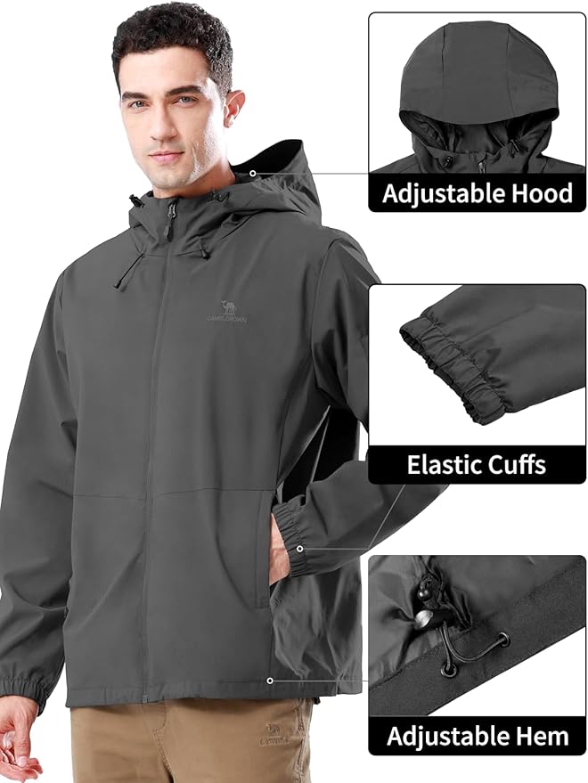 CAMELSPORTS Men Waterproof Softshell Jacket Windbreaker Hooded lightweight Rain Coat for Outdoor Hiking