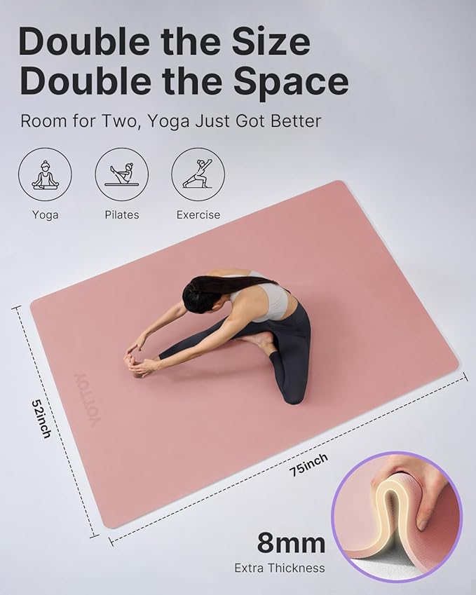YOTTOY Large Yoga Mat (75 * 52 * 1/2inch),Extra Wide TPE Exercise Mat,Non-Slip Workout Mat for Pilates, Fitness, Barefoot, Home Gym Studio with Strap and Towel