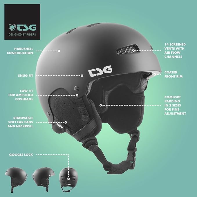 TSG - Gravity Dual Certified Snowboard & Ski Helmet - Hardshell Protection, Tuned, Snug Fit Comfort, Low Fit Coverage, 14 Vents, Adjustable Paddings, Ear Pads, Goggle Lock