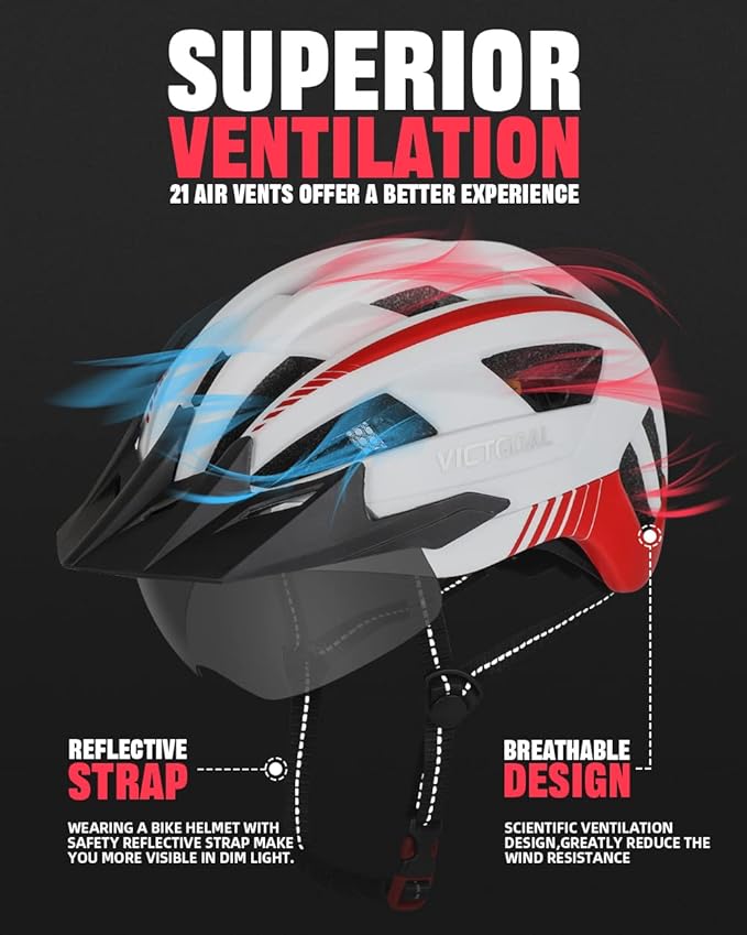 VICTGOAL Bike Helmet for Men Women with Led Light Detachable Magnetic Goggles Removable Sun Visor Mountain & Road Bicycle Helmets Adjustable Size Adult Cycling Helmets