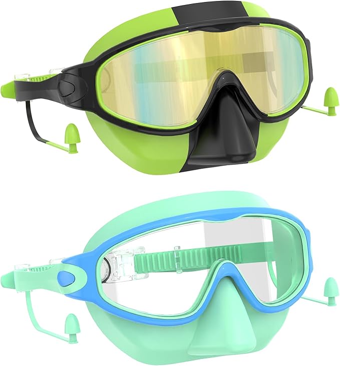 Swim Goggles for Kids 3-15 with Earplugs Large Frame Anti-Fog/UV Swimming Goggles for Boys Girls Toddler 2PCS