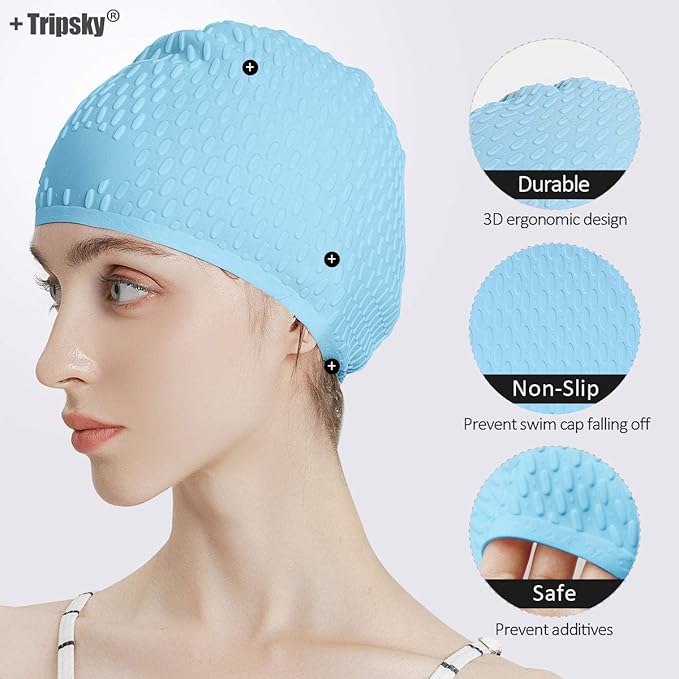 Tripsky Silicone Swim Cap,Comfortable Bathing Cap Ideal for Curly Short Medium Long Hair, Swimming Cap for Women and Men, Shower Caps Keep Hairstyle Unchanged…