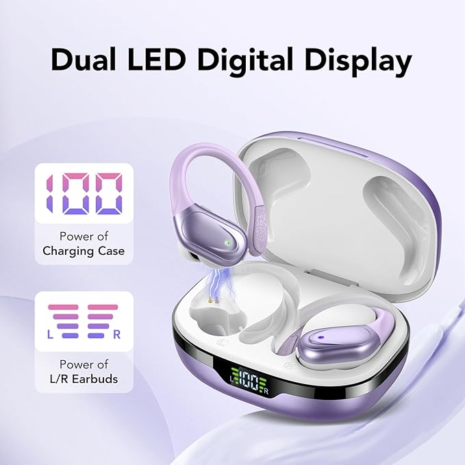Ear buds Wireless Earbuds Bluetooth 5.3 Headphones 60hrs Playtime with Digital Display Sports Wireless Headphones with Earhook Deep Bass IPX7 Waterproof Over-Ear Earbuds for Android iOS Workout Purple