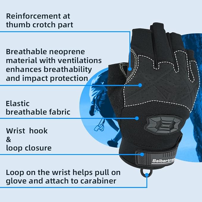 Seibertron Full or Half Finger Padded Palm Lightweight Breathable Climbing Rope Gloves for Climbers, Rock Climbing, Rescue, Adventure, Sailing, Kayaking, Outdoor Sports