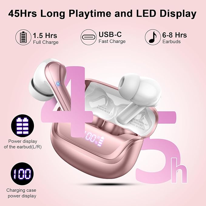 Wireless Earbuds Bluetooth 5.4 Headphones Noise Cancelling, 40H Playtime Bluetooth Ear Bud with Dynamic Drivers Stereo, Sports Earphones Wireless with LED Power Display for Laptop Pad Phones