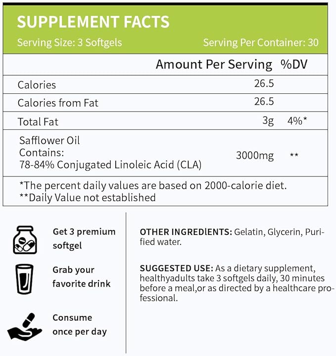 CLA 3000mg Softgels – Conjugated Linoleic Acid with Safflower Oil – CLA Supplement for Weight Management – Gluten Free – 90 Softgels