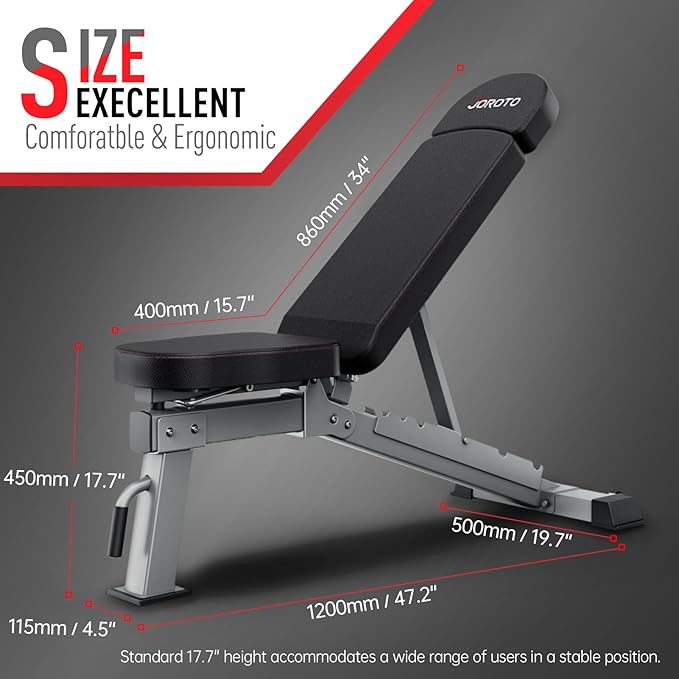 JOROTO MD80 Adjustable Weight Bench, 1000LB Capacity Heavy Duty Strength Training Bench for Home Gym, Flat/Incline/Decline Utility Workout Bench Press with Wheels & Extended Backrest