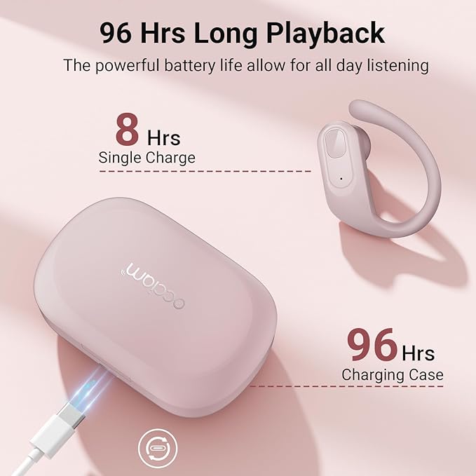 occiam Wireless Earbuds Bluetooth Headphones Ear Buds 96Hrs Playback Sport Over-Ear Waterproof Wireless Headphones Earphones with Earhooks ENC Mics Clear Call for Sport Running Workout Pink