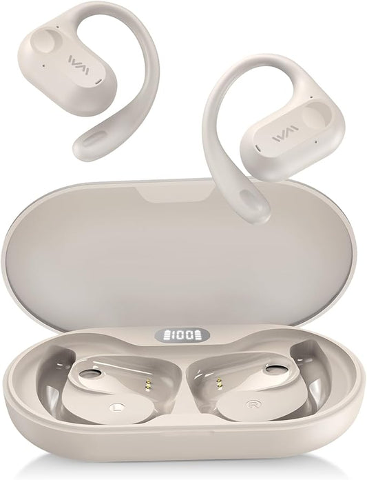 Open Ear Headphones,Wireless Bluetooth 5.3 Air Conduction Open Earbuds,Comfort & Secure Fit ,Powerful Bass,Clear Calls,30H Playback,Light Weight Sports Headsets with Ear-Hook for Workout,Running,Beige