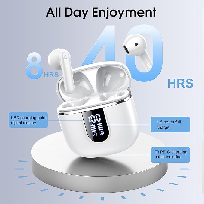 Wireless Earbuds, Bluetooth 5.4 Headphones with 3D Bass Stereo, 40H Ultralight in-Ear Buds, Bluetooth Earbuds with 4 ENC Noise Cancelling Mic, USB-C, IP7 Waterproof Earphones for Android iOS, Milky