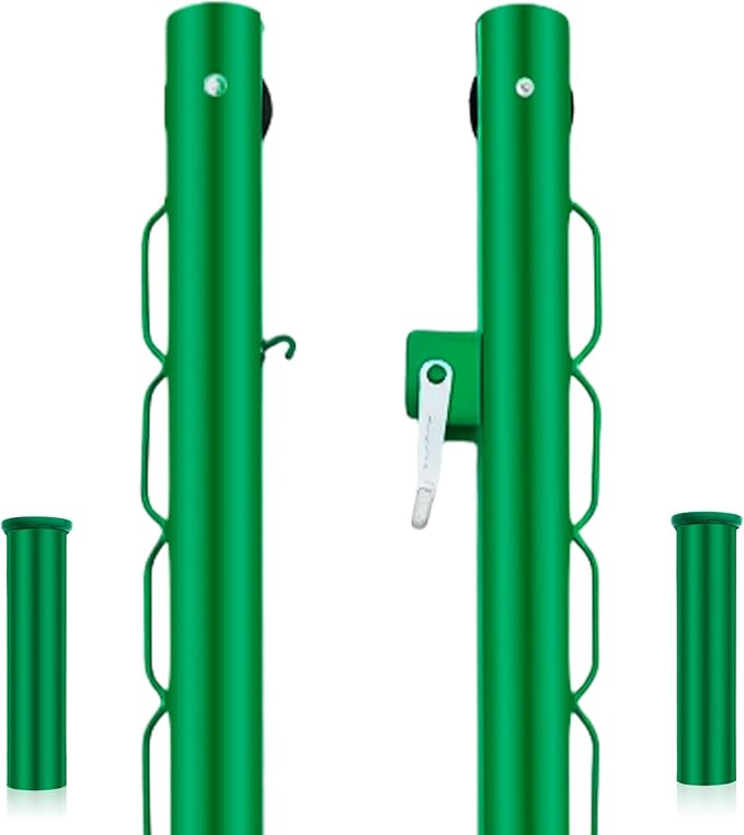 Tennis Posts with Net Crank Outdoor Heavy Duty Professional Green Tennis Permanent Court Kit for Net Quick Fixation System Equipped with a Cable Reel