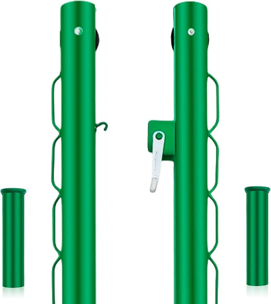 Tennis Posts with Net Crank Outdoor Heavy Duty Professional Green Tennis Permanent Court Kit for Net Quick Fixation System Equipped with a Cable Reel