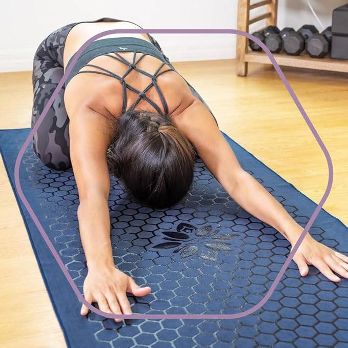 Clever Yoga Non-Slip Hot Yoga Towel – Non-Slip Grip for Hot Yoga, Sweat Absorbent, Honeycomb Silicone Grip, Stays Flat – Ideal for Pilates, Travel, Washable & Lightweight - Dark Blue