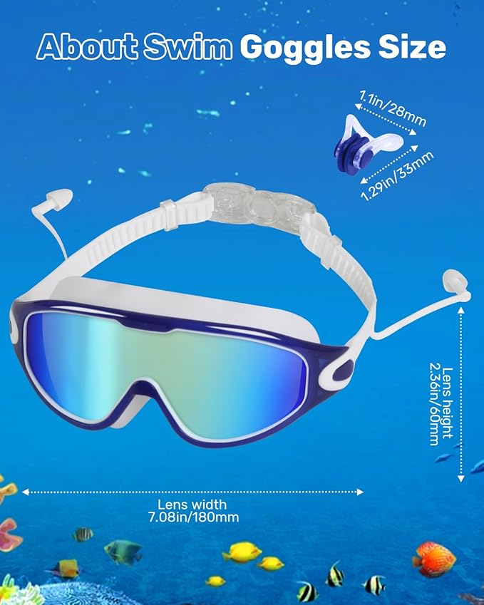 Swim Goggles for Adults, Wide View Anti-Fog & UV Swimming Goggles with Nose Clip & Ear Plugs, No Leak
