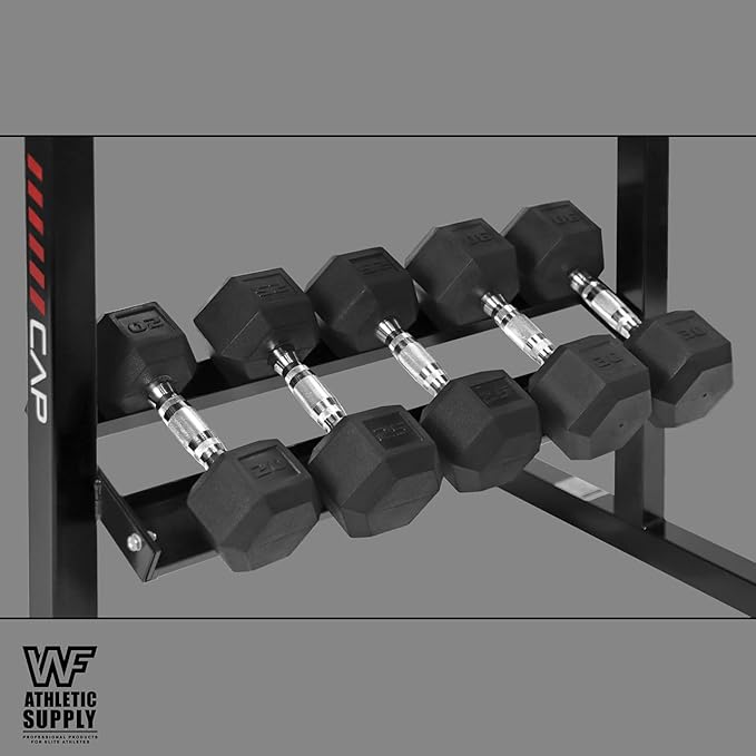 WF Athletic Supply Rubber Coated Hex Dumbbell Set with Two Tier Premium Storage Rack Built for Strength Building, Weight Loss & Home Gym ??Multiple Sets Available