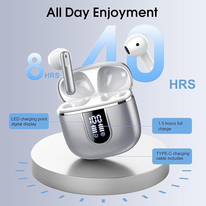 Wireless Earbuds, Bluetooth 5.4 Headphones with 3D Bass Stereo, 40H Ultralight in-Ear Buds, Bluetooth Earbuds with 4 ENC Noise Cancelling Mic, USB-C, IP7 Waterproof Earphones for Android iOS, Sillver