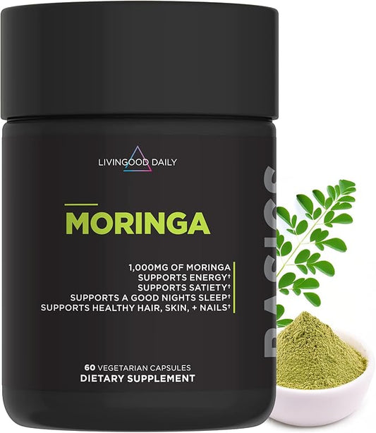 Livingood Daily Moringa Capsules, Moringa Supplement for Energy, Sleep, Satiety, Hair, Skin, Nails & Wellness, Plant Based Vegetarian, Gluten Free, Non GMO, Vegan, Daily Greens Superfood, 60 Capsules