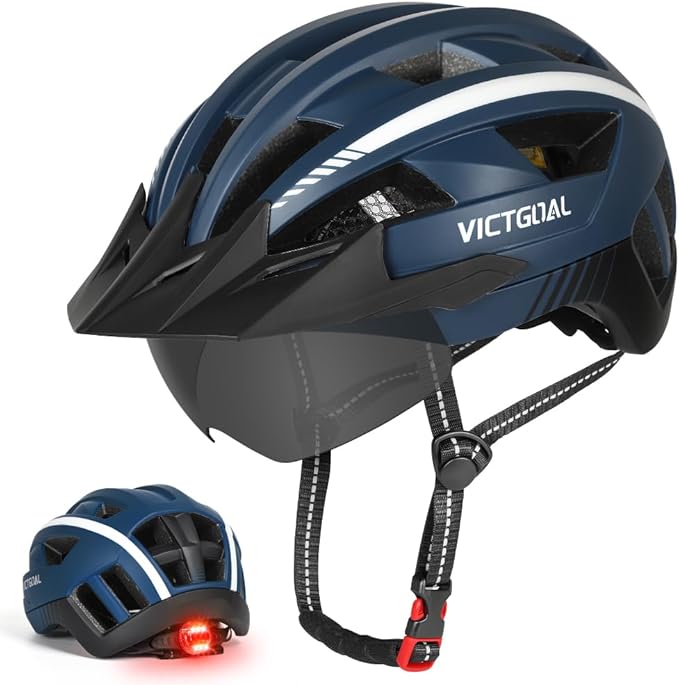 VICTGOAL Bike Helmet for Men Women with Led Light Detachable Magnetic Goggles Removable Sun Visor Mountain & Road Bicycle Helmets Adjustable Size Adult Cycling Helmets