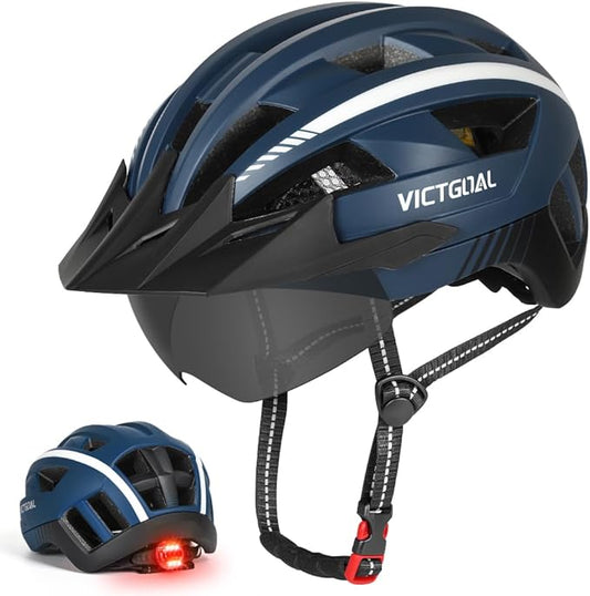 VICTGOAL Bike Helmet for Men Women with Led Light Detachable Magnetic Goggles Removable Sun Visor Mountain & Road Bicycle Helmets Adjustable Size Adult Cycling Helmets