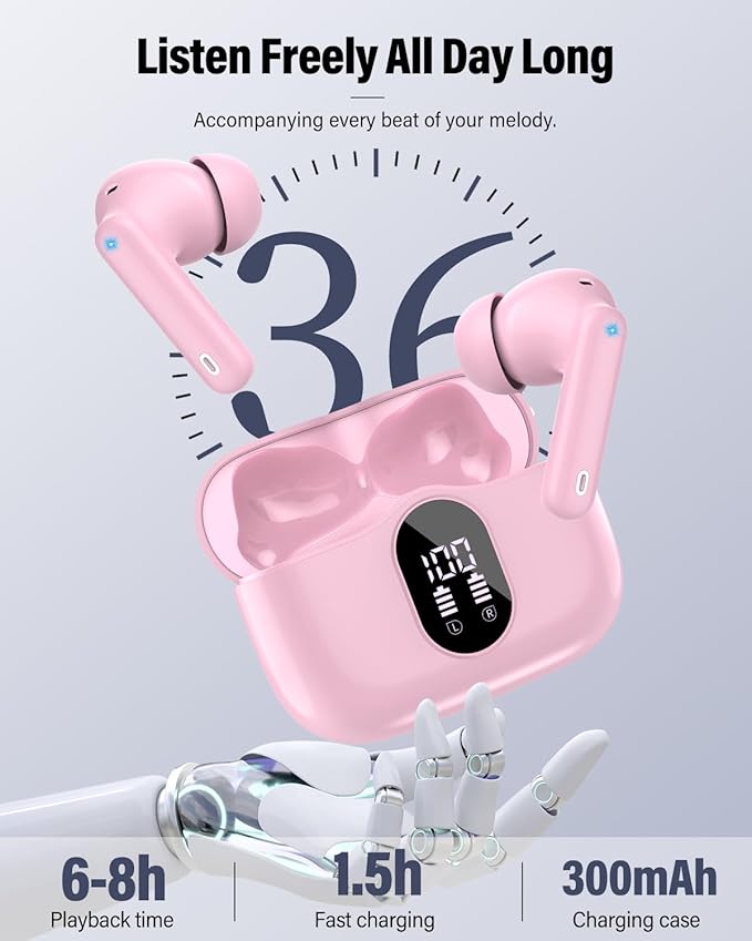 Wireless Earbuds, Bluetooth 5.4 Headphones Bass Stereo, Ear Buds with Noise Cancelling Mic, IP7 Waterproof in Ear Earphones, 36H LED Display Bluetooth Earbuds for Laptop Pad Phones Sports, Pink