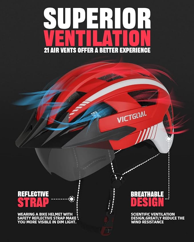 VICTGOAL Bike Helmet for Men Women with Led Light Detachable Magnetic Goggles Removable Sun Visor Mountain & Road Bicycle Helmets Adjustable Size Adult Cycling Helmets