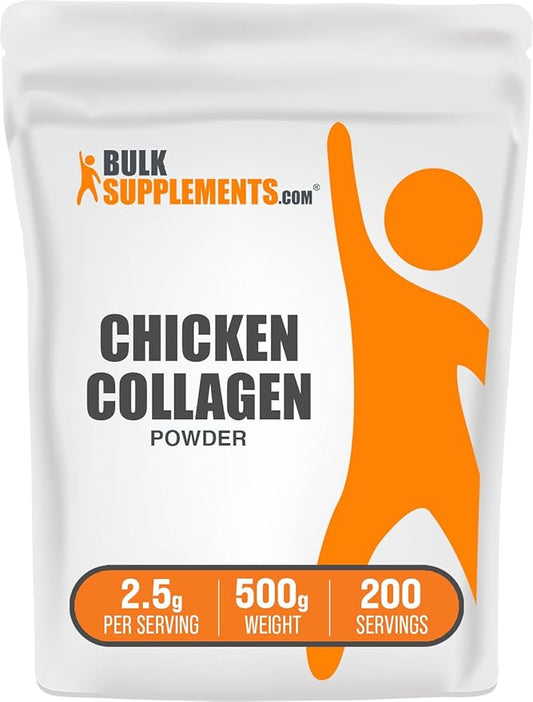 BulkSupplements.com Chicken Collagen Powder - Hydrolyzed Collagen Supplement, for Hair, Skin, & Nails - Unflavored & Gluten Free, 2.5g per Serving, 500g (1.1 lbs) (Pack of 1)