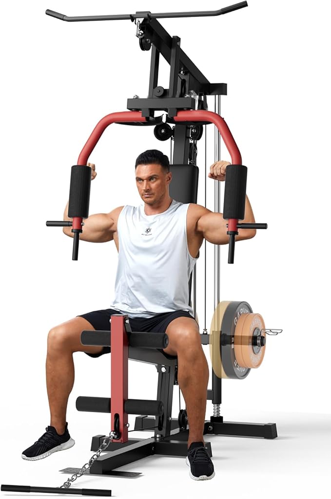 Multifunctional Home Gym Equipment with Lat Pulldown, Exercise Workout Station with Leg Press,Max 300LBS Capacity Home Gym Mahcine for Full Body Strength Training,Fit 1" & 2" Weight Plates(No Include)