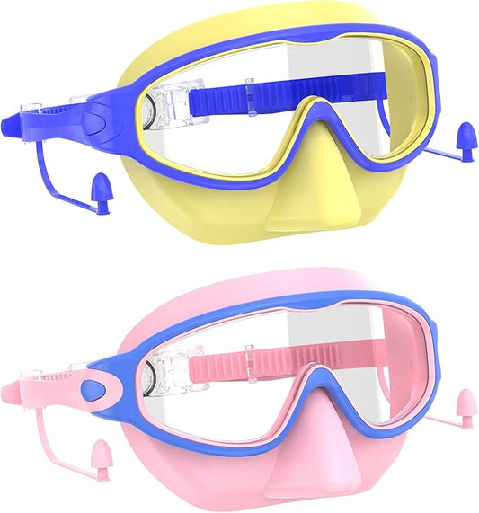 Swim Goggles for Kids 3-15 with Earplugs Large Frame Anti-Fog/UV Swimming Goggles for Boys Girls Toddler 2PCS