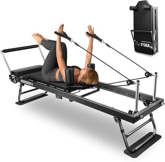 ONETWOFIT Pilates Reformer, Foldable Pilates Machine & Equipment for Home Gym Workout Suitable for Advanced and Beginners Max 440LBS Gray
