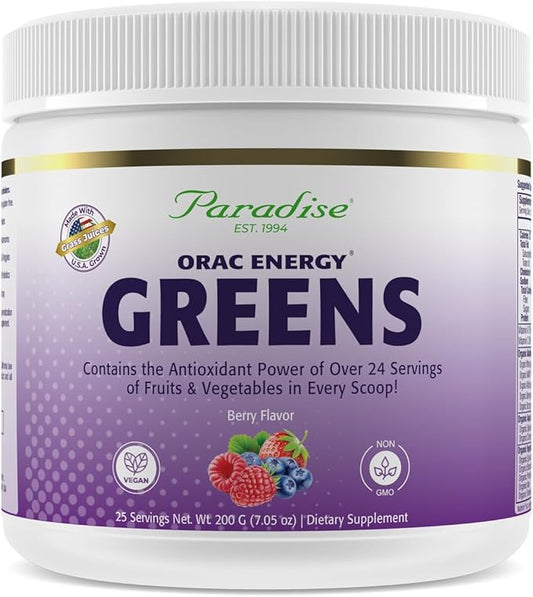 Paradise Herbs ORAC Energy Greens, Berry Superfood Powder, Over 40,000 ORAC Antioxidants, Organic Greens, Berries, Mushrooms & Probiotics, Non-GMO, Gluten-Free, 25 Servings