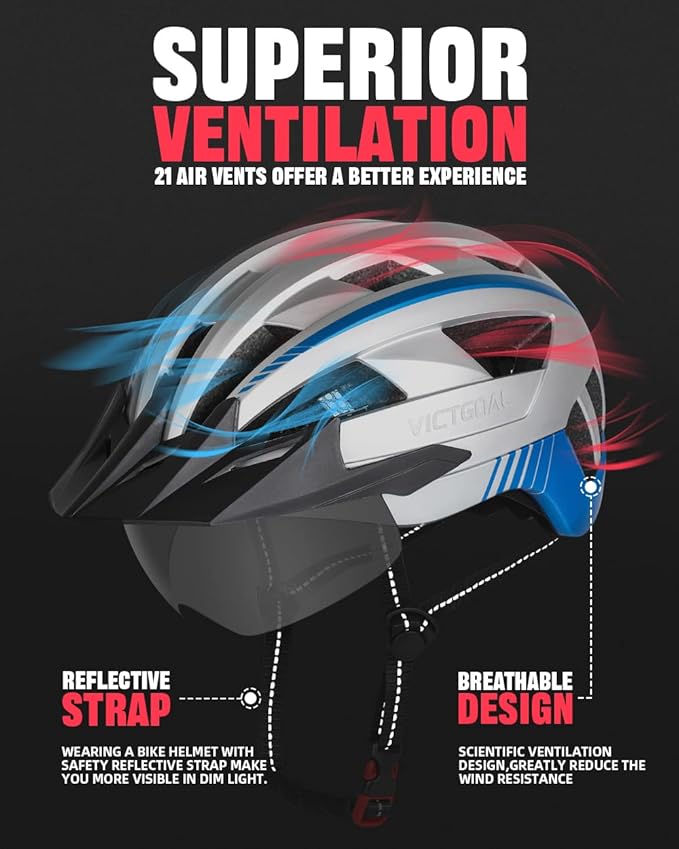 VICTGOAL Bike Helmet for Men Women with Led Light Detachable Magnetic Goggles Removable Sun Visor Mountain & Road Bicycle Helmets Adjustable Size Adult Cycling Helmets